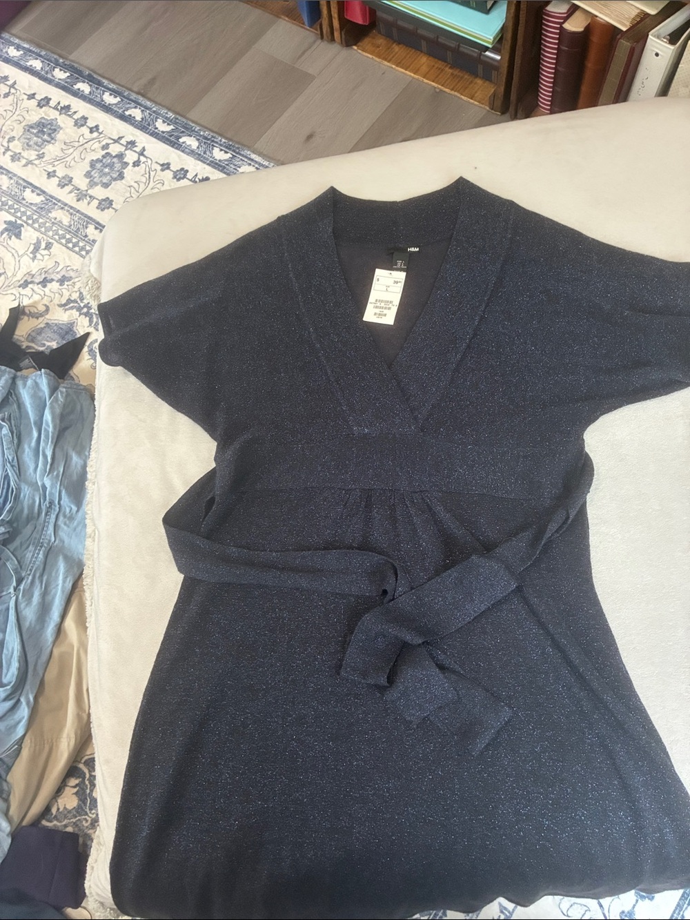 H&M Navy Sparkle V-Neck Belted Sweater Dress